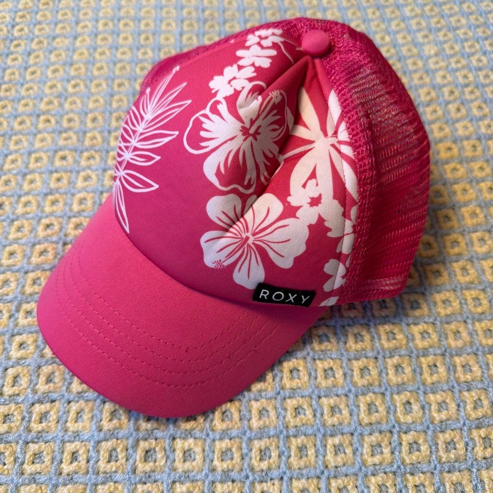 Roxy Hot Pink Tropical Hibiscus Floral Mesh Back Trucker Hat Y2K Cap